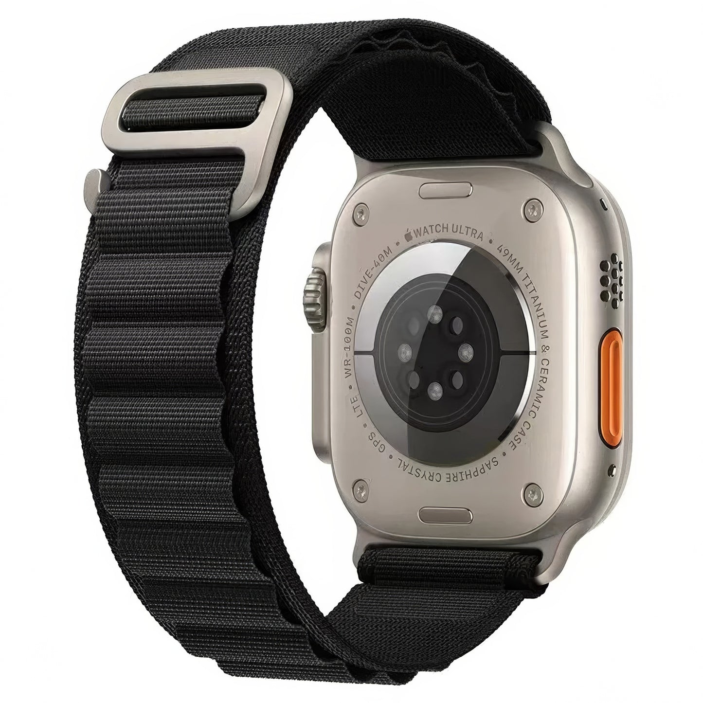 Black Alpine Loop strap, two-layer woven textile with loops and natural titanium G-hook closure for apple watch 42,44,45,49mm